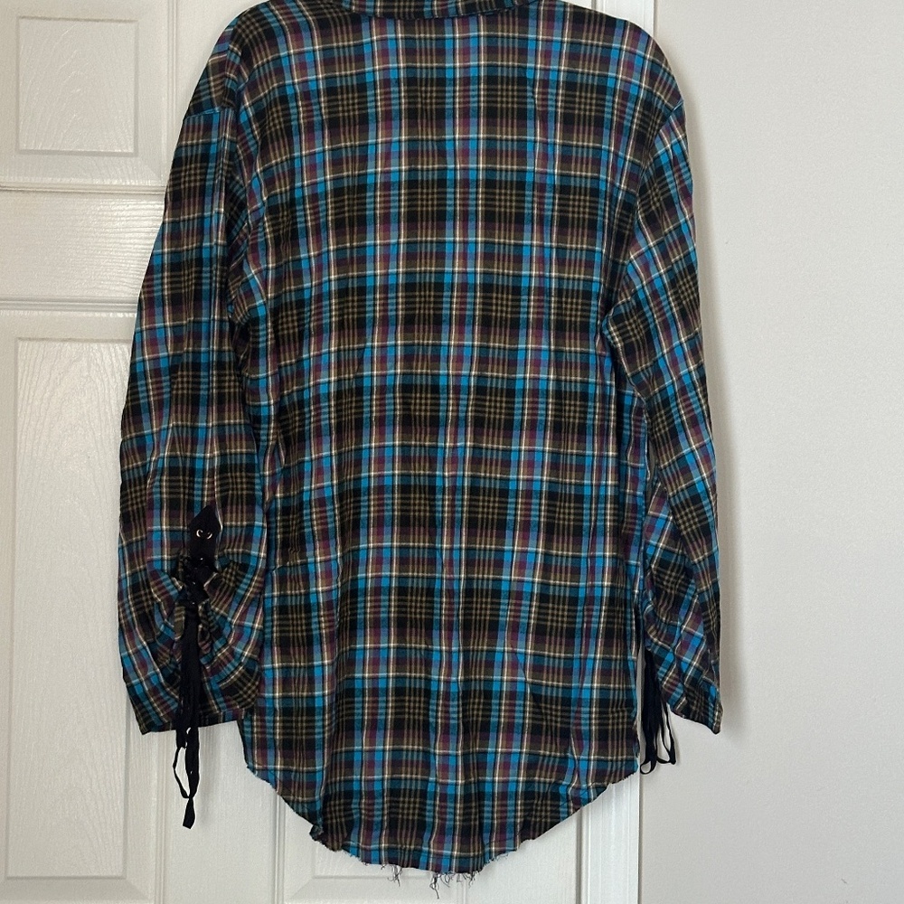 Brand New Savage X Fenty Tied Up Tartan Raw Hem Sleep Shirt Plaid Blue Size XL - Picture 5 of 8